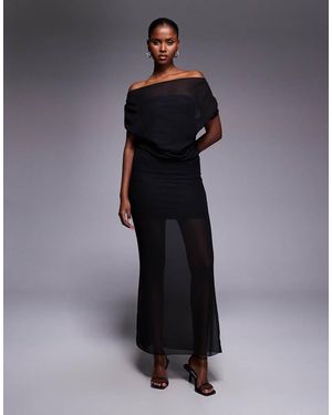 Fashionkilla Exclusive Chiffon Bandeau Cape Detail Gathered Waist Sheer Hem Maxi Dress - Black