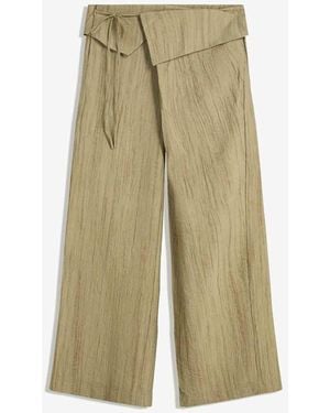 Bershka Textured Trousers With Fold-over Waist - Natural