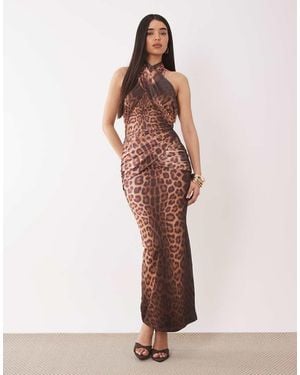 Ruched & Ready Mesh Cross Front Halterneck Drape Waist Detail Maxi Dress - Pink