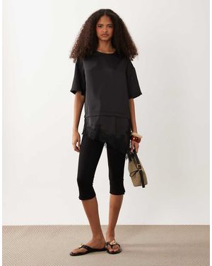 Wednesday's Girl Satin T-Shirt With Asymmetric Lace Hem - Black
