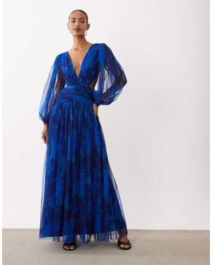 LACE & BEADS Vestido Maxi De Tul Con Escote Pronunciado, Bajo Asimétrico, Espalda Abierta Y Estampado Floral Azul Cobalto-Multi