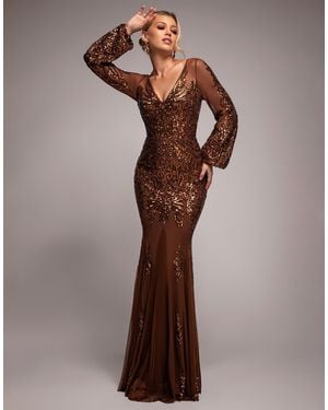 Goddiva Embellished Sequin Bishop Sleeve Maxi Dress - Brown