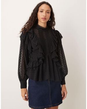ASOS Ruffle And Embroidery Detail Long Sleeve Blouse - Black