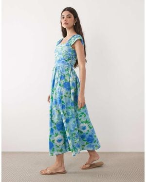 Nobody's Child Mika Cotton Square Neck Sleeveless Ruched Detail Maxi Dress - Blue