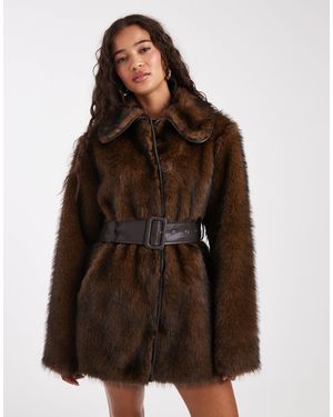 Miss Selfridge Collar Belted Mid Length Faux Fur Coat - Brown