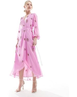 Hope & Ivy Embellished Wrap Dress With Tie Waist And Blouson Sleeve - Pink