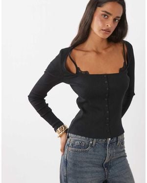 ASOS Sculpting Rib Button Through Top With Lace Underlayer - Black