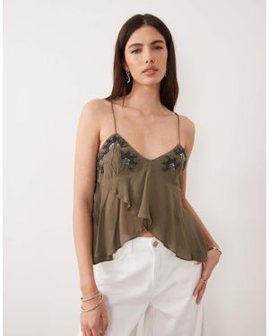 Mango Strappy Beaded Flowy Top - Green