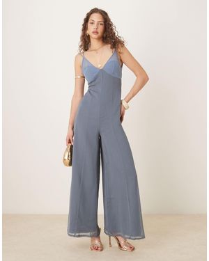 ASOS V Neck Sheer Panel Chiffon Jumpsuit - Blue