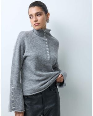 Gina Tricot Wide Sleeve High Neck Knitted Top With Button Detail - Grey