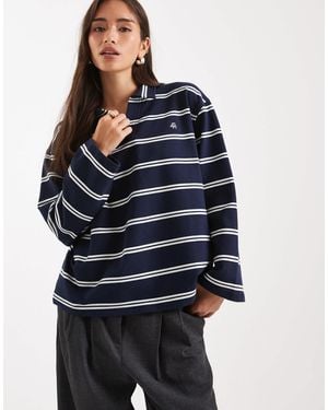 4th & Reckless Cotton Rich Collared Long Sleeve Embroidered Logo Rugby Top - Blue