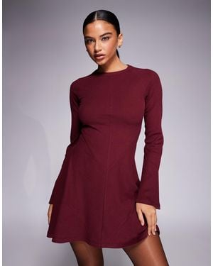 ASOS Ribbed Fluted Sleeve Skater Mini Dress With Seam Details - Red
