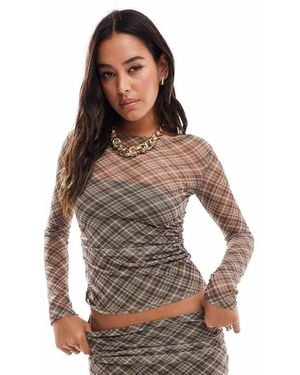 Pull&Bear Top Van Mesh Met Lange Mouwen En Bruine Strepen, Deel Van Co-Ord Set