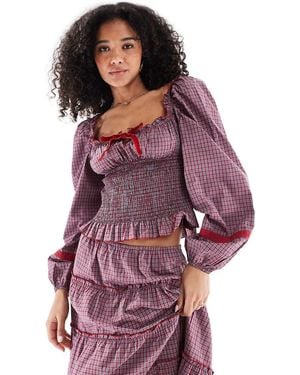 Daisy Street Scoop Neckline Long Sleeve Shirred Bodice Blouse - Purple