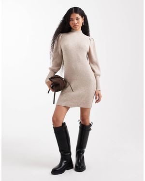 Only Petite High Neck Puff Sleeves Sweater Dress - Natural