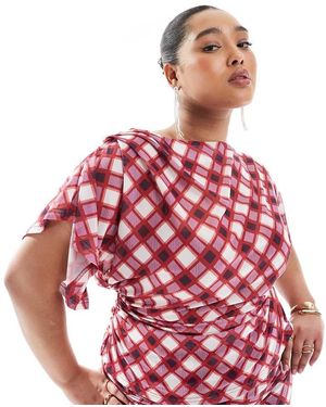 Renee Studio Plus Exclusive Ruched Side Drape Sleeve Mesh Top Co-ord - Red
