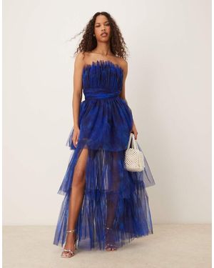 LACE & BEADS Bandeau Tulle Maxi Dress - Blue