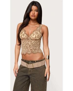 Edikted Araura Velvet Floral Sheer Top - Brown