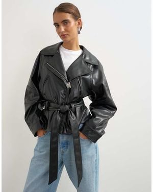 TOPSHOP Faux Leather Cropped Biker With Tie Belt - Blue