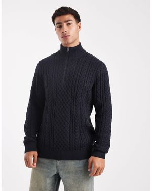Jack & Jones Premium Cable Knit Half Zip Sweater - Blue