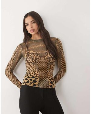 AFRM Top De Manga Larga De Malla Con Cuello Redondo Y Estampado Floral Dorado - Metálico