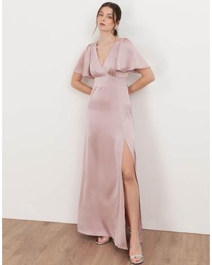 Maya V Neck Angel Sleeve Satin Maxi Dress - Pink