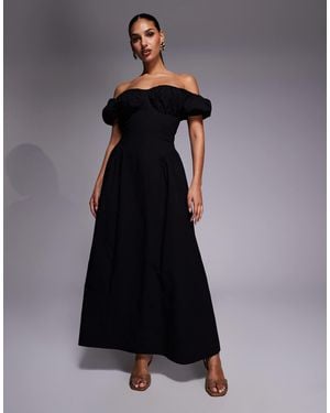 Kaiia Exclusive Cotton Milkmaid Puff Sleeve Hip Pleat Detail Maxi Dress - Blue