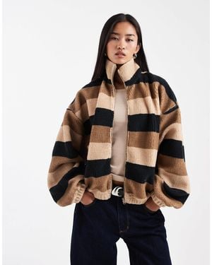 Collusion Stripe Borg Fleece Zip Through Top - Brown