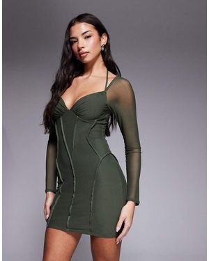 ASOS Mesh Exposed Seam Long Sleeve Mini Dress - Grey