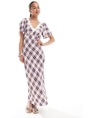 New Look Check Lace Flutter Sleeve Midi Dress - Pink