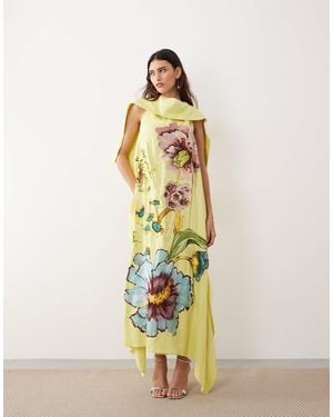 ARRANGE Large Botanical Floral High Neck Satin Drape Maxi Dress - Metallic