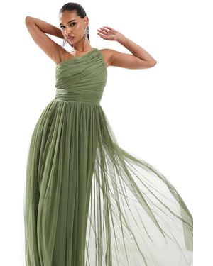 LACE & BEADS Bridesmaid One Shoulder Tulle Maxi Dress - Green