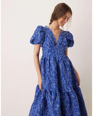 Sister Jane Puff Sleeve Jacquard Midaxi Dress - Blue