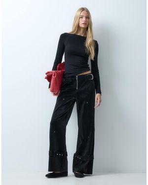 laagam Kaori Texured Low Rise Wide Leg Trousers With Belt Detail - Blue