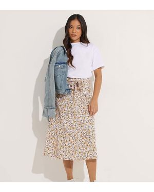 PixieGirl Petite Floral Belted Midi Skirt - Natural