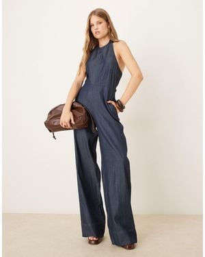 Mango Denim Halterneck Jumpsuit - Blue
