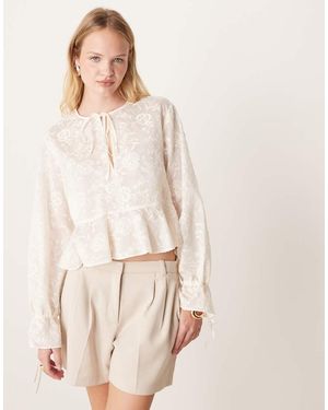 Mango Tie Neck Embroidered Long Sleeve Top - Natural