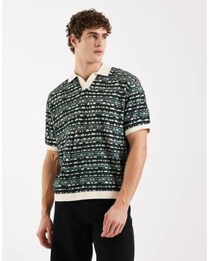 Redefined Rebel Rayan Boxy Fit Short Sleeve Textured Knit Polo Shirt - Green