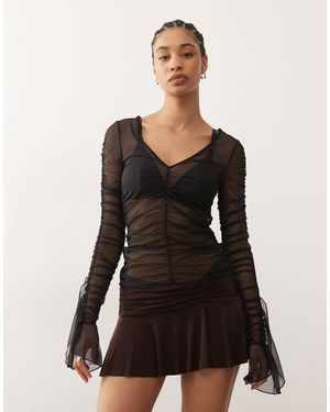 Monki Long Sleeve Sheer Frill Top - Black