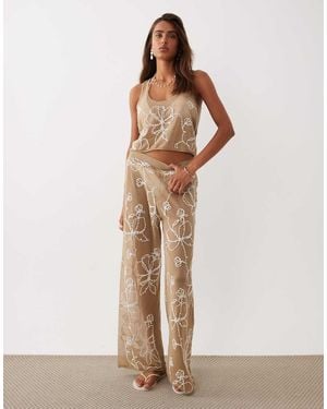 Miss Selfridge Beach Premium Sheer Knit Embroidered Crop Vest Top - Natural