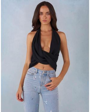 Oh Polly Halter Neck Twisted Detail Chiffon Top - Blue