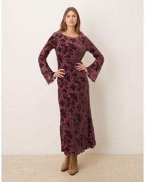 Mango Long Sleeve Velvet Floral Midi Dress - Red