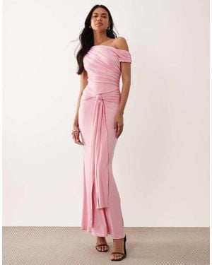 TFNC London Slinky Draped One Shoulder Maxi Dress - Pink