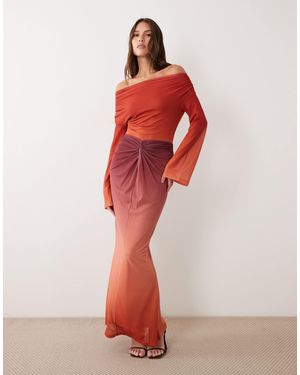 Ruched & Ready Sculpting Mesh Off-shoulder Wide Sleeve Twist Skirt Detail Maxi Dress - Red