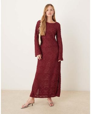 Ghospell Long Sleeve Crochet Midaxi Dress - Red