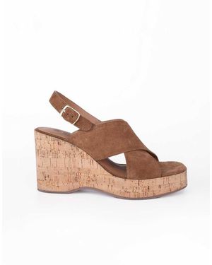 OFF THE HOOK Tara Leather Cross Strap Cork Wedge Sandals - Brown