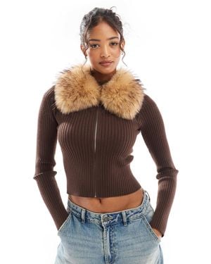 Bershka Faux Fur Collar Zip Up Knitted Top - Blue