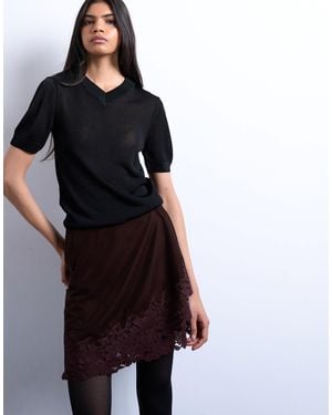 TOPSHOP Velvet Asymmetric Mini Skirt With Lace Trim - Black