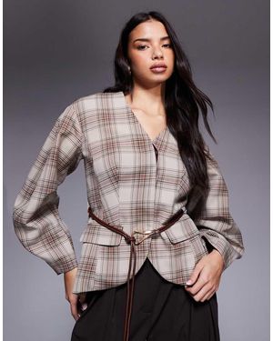 River Island Belted Checked Cocoon Sleeve Blazer - Grey