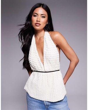 River Island Textured Tie Detail Halterneck Top - White